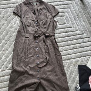 Dressbarn Brown Buttoned Tie Front Midi Dress